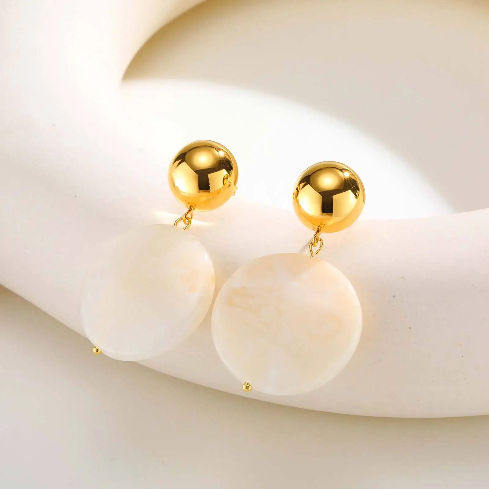 Minimalist Two-tone Geometric Drop Earrings: Gold Plated Half Pearl & Milky Resin Circle Dangle Earring for Women