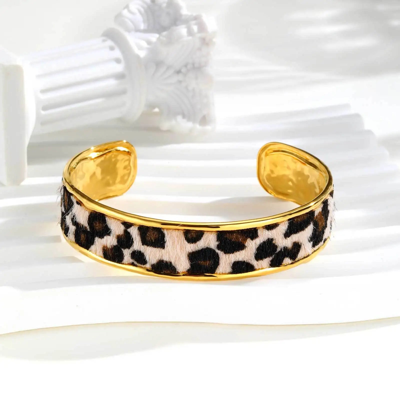 Stainless Steel Leopard Printed Open Cuff Bangle Bracelet for Women Statement Jewelry