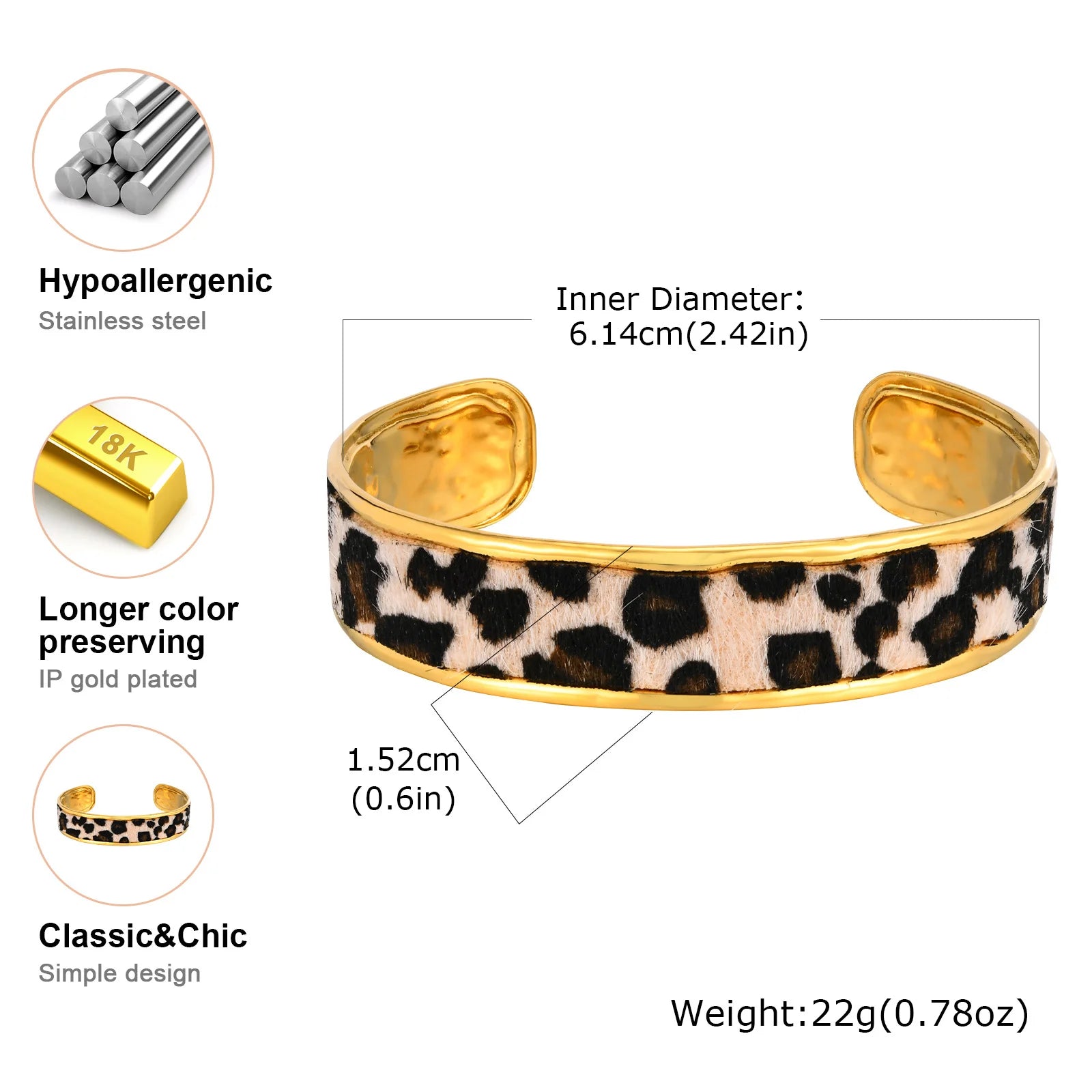 Stainless Steel Leopard Printed Open Cuff Bangle Bracelet for Women Statement Jewelry