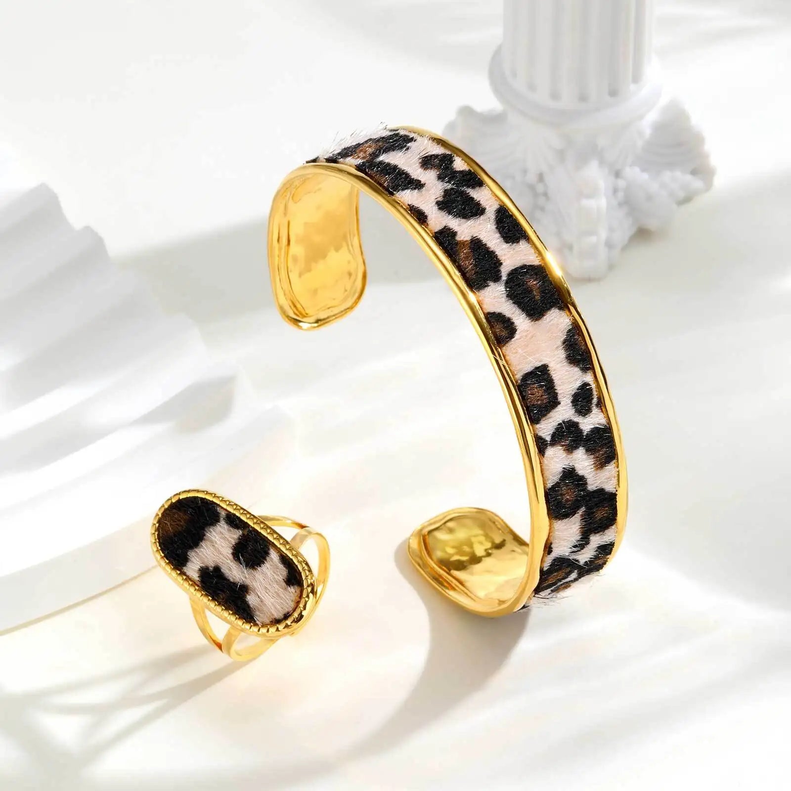 Stainless Steel Leopard Printed Open Cuff Bangle Bracelet for Women Statement Jewelry