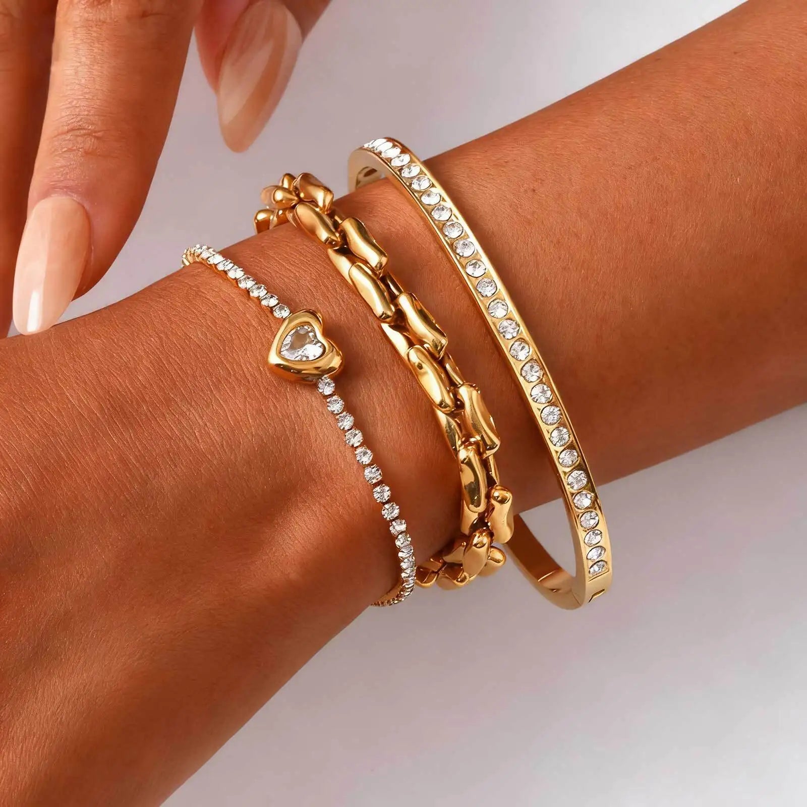 Womens Gold Plated Bracelets, Stack Layered Link Chain Heart Bracelets, Cubic Zirconia Bangle Openable Christmas Party Gift