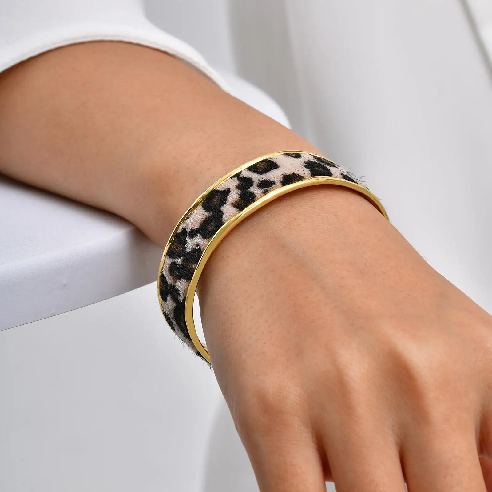 Stainless Steel Leopard Printed Open Cuff Bangle Bracelet for Women Statement Jewelry