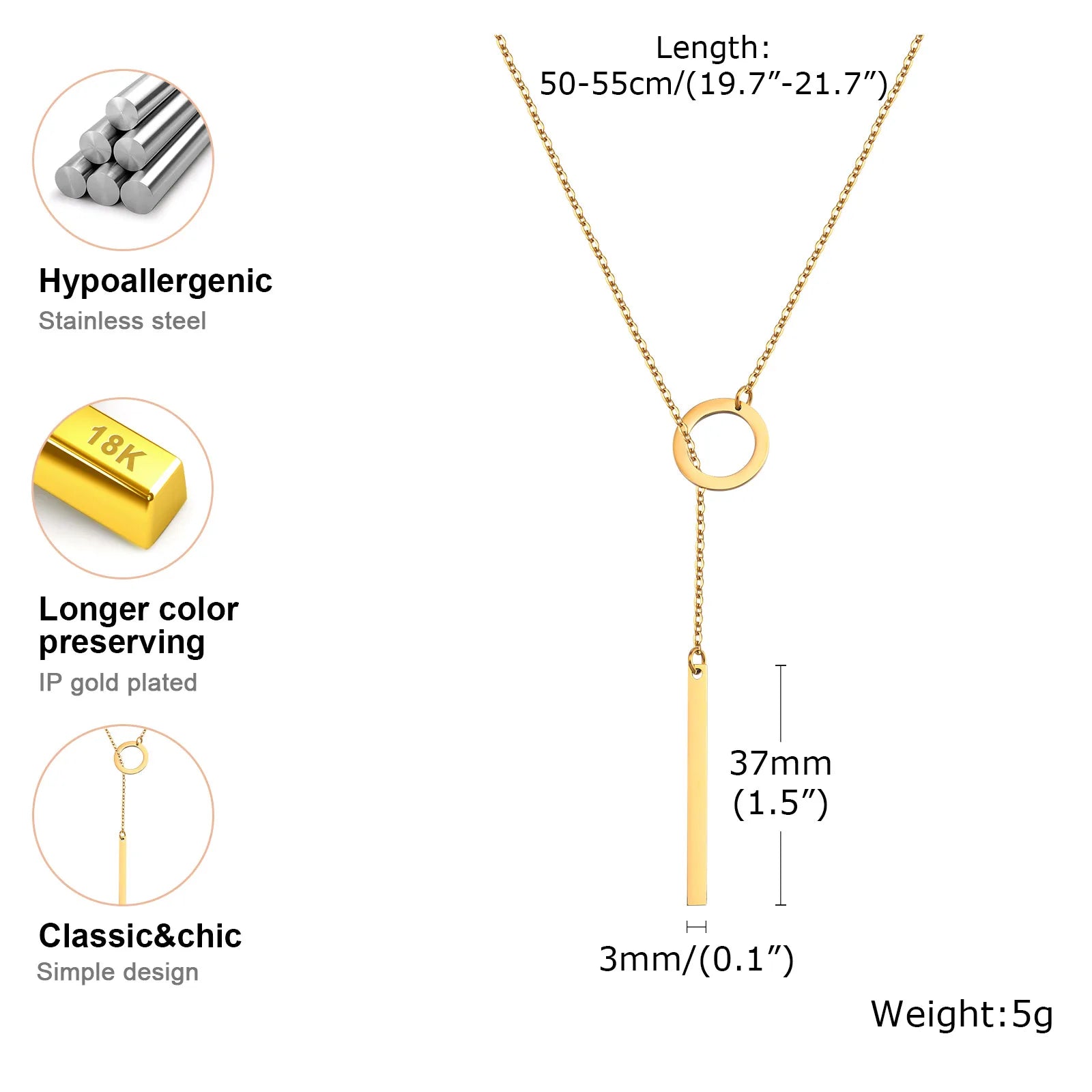 Stainless Steel Flat Cross Chain,Ring Rectangular Strip Adjustable Necklace for Women,Gold Color Geometric Pendant Jewelry