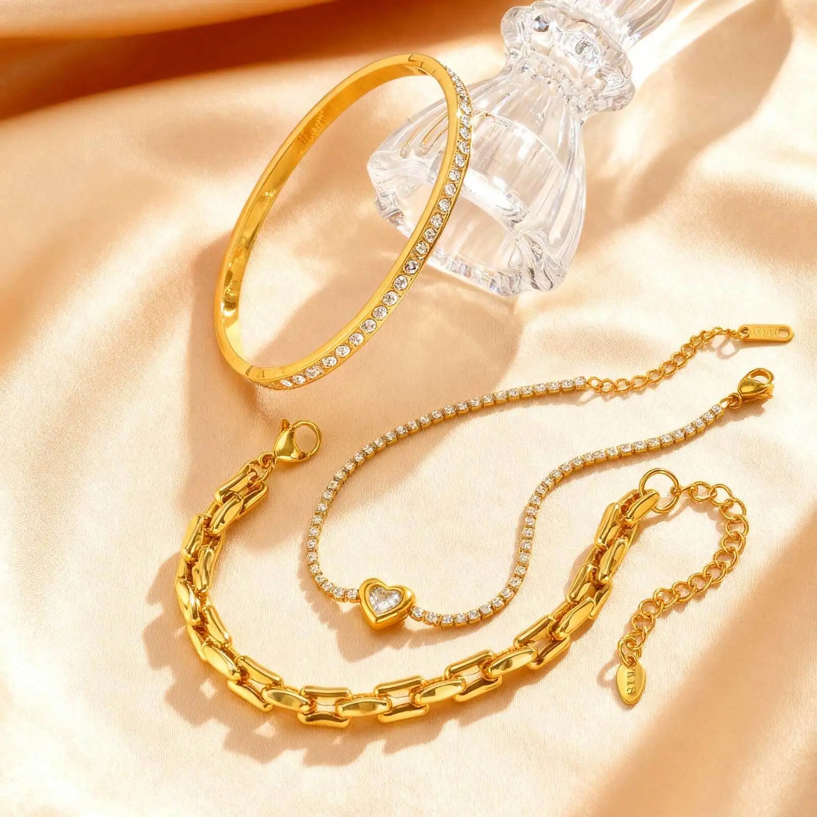 Womens Gold Plated Bracelets, Stack Layered Link Chain Heart Bracelets, Cubic Zirconia Bangle Openable Christmas Party Gift